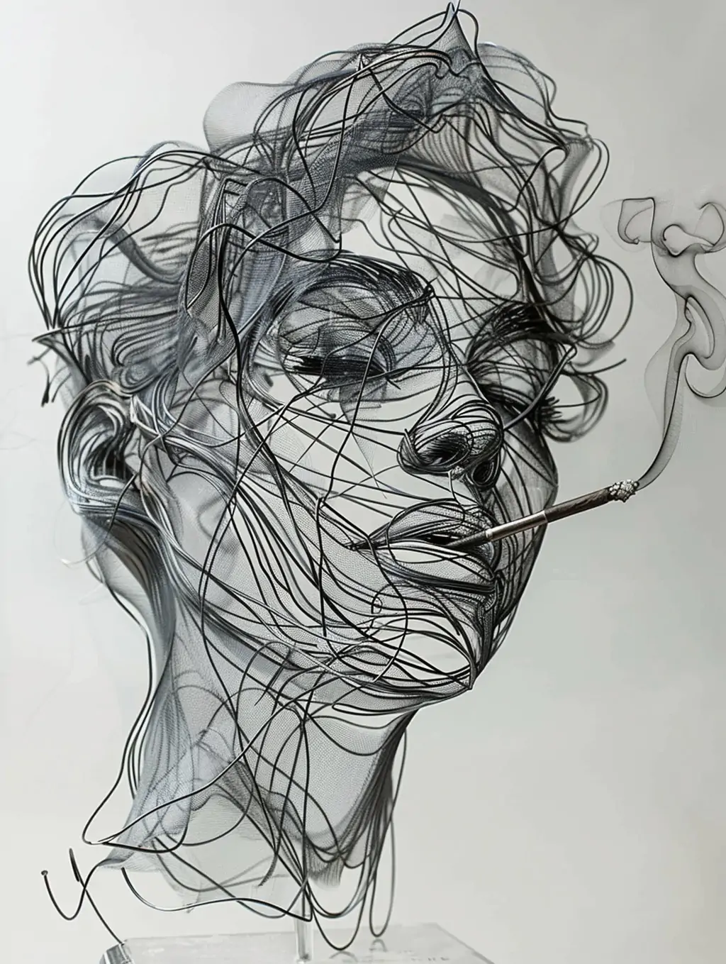 创意手绘逼真女孩模特抽烟金属丝复杂线条交织雕塑艺术插图海报midjourney关键词咒语 - Ai宇宙吧--Ai宇宙吧-